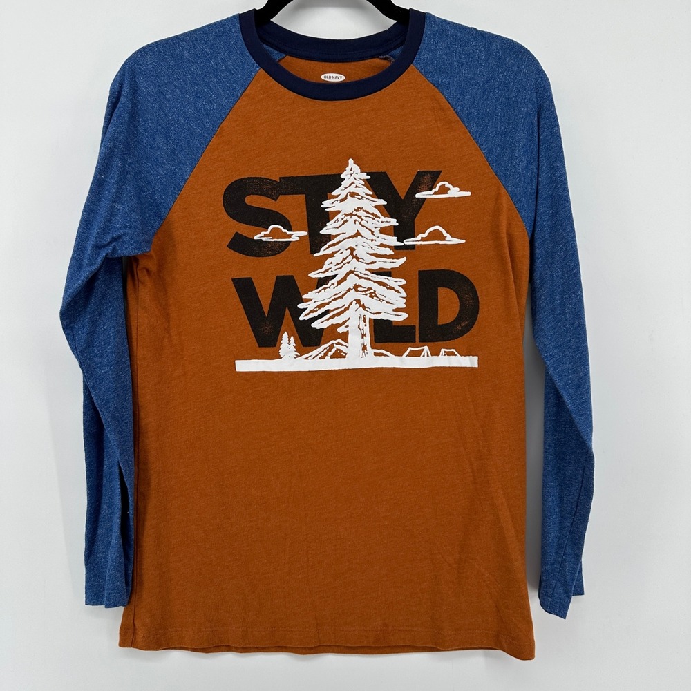 Old Navy Kids XXL 18 Stay Wild Graphic Raglan Long Sleeve Tee Orange Blue